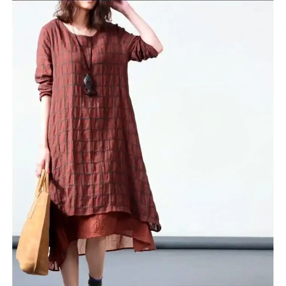 Womens Grid Plaid Midi Dress XL* Lagenlook Layered Artsy Mori Kei Earthy Neutral